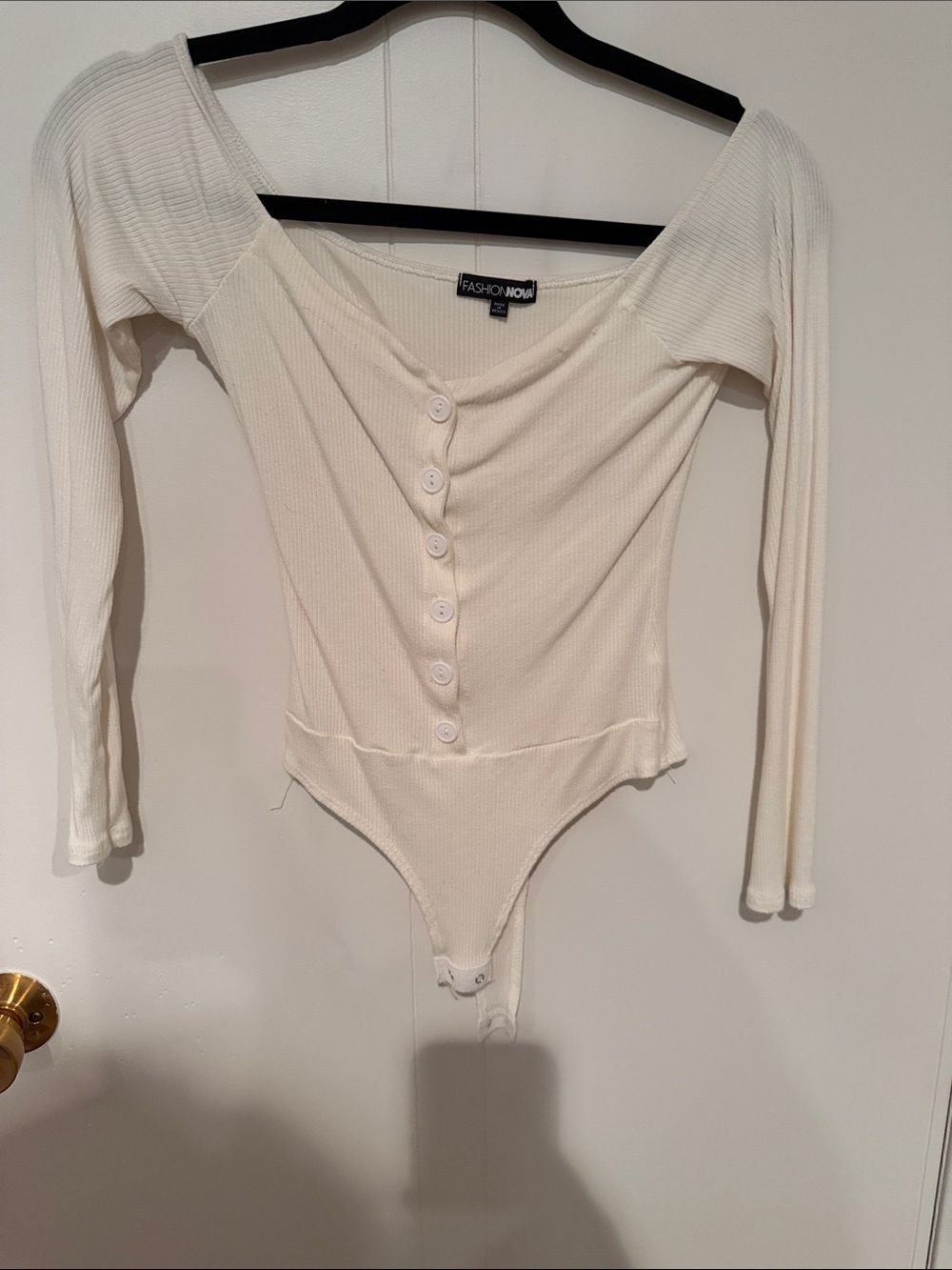 Fashion Nova Ivory Ribbed Button-Front Long Sleeve Bodysuit